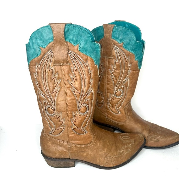 Coconuts by Matisse Tan and Teal Y2K Western Cowboy Boots Size 7.5 - Picture 6 of 13